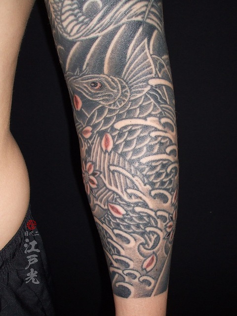 鯉、和彫り、腕、額彫り、カラス彫りの刺青タトゥー