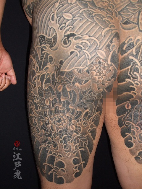 菊、甲羅彫り、背中、和彫り、カラス彫りの刺青タトゥー
