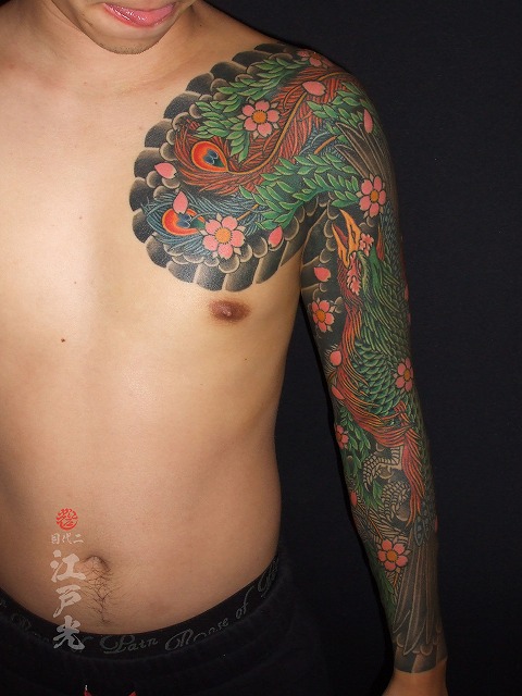 鳳凰、額彫り、ひかえ、カイナ、桜、腕、長袖、十分、和彫りの刺青タトゥー