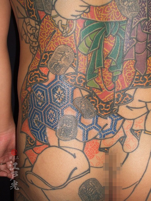 三面大黒天（さんめんだいこくてん）和彫り、背中、着物柄の刺青タトゥー