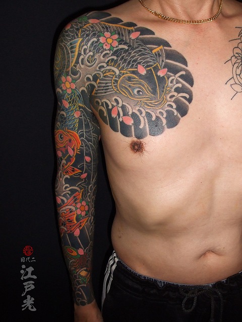 錦鯉、鯉、桜、額彫り、ひかえ、カイナ、腕長袖、十分の和彫りの刺青タトゥー