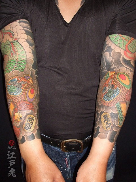 小槌小判の刺青タトゥー、腕、和彫り