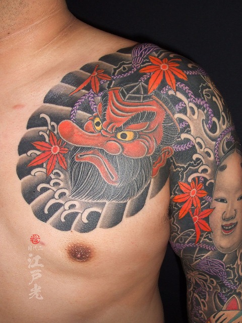 面散らしの刺青タトゥー、天狗、能面、腕、額彫り、ひかえ、カイナ、九分