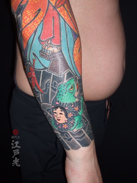 二重彫り蛙、額彫り、腕の刺青タトゥー