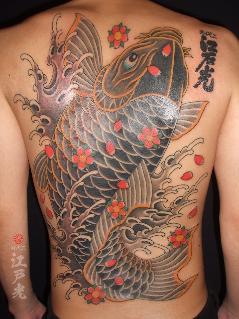 鯉の刺青、背中、真鯉、桜