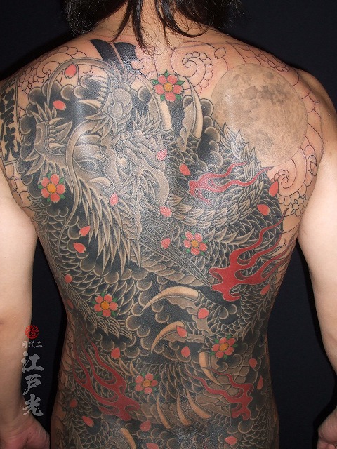 満月龍、桜、背中、和彫りの刺青