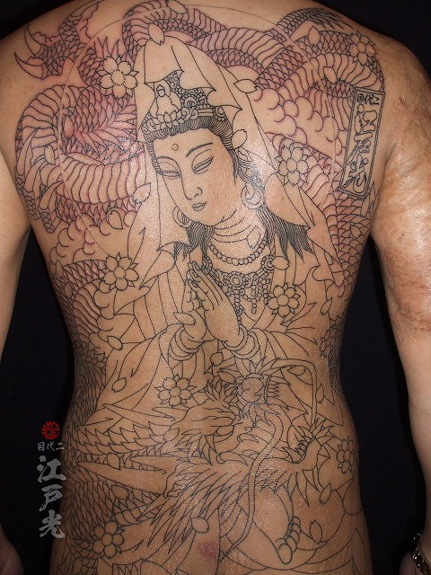 騎龍観音の刺青、背中、和彫り