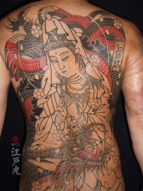 騎龍観音の刺青、背中、和彫り、タトゥー：東京刺青師二代目江戸光