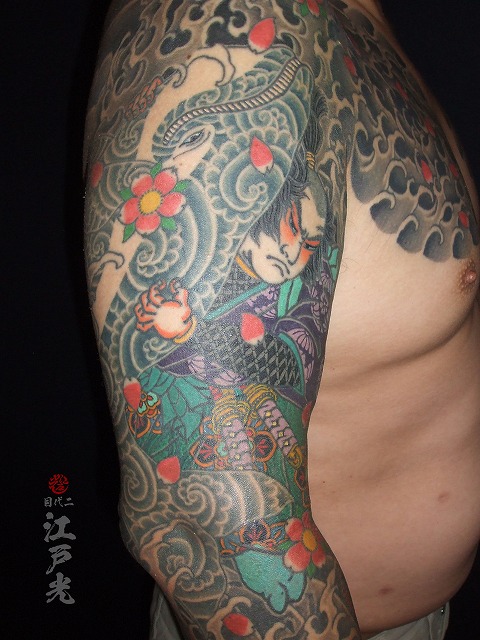 宮本武蔵の鯨退治の刺青、腕、和彫り、額彫り、七分、タトゥー:東京刺青師二代目江戸光