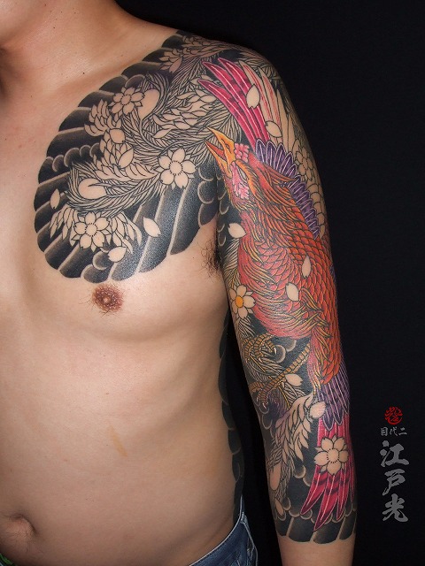 鳳凰の刺青、腕、和彫り、タトゥー:東京刺青師二代目江戸光