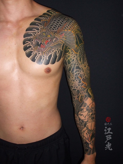 登竜門の刺青、龍魚、鯉、腕、額彫り、長袖、タトゥー：東京刺青師二代目江戸光