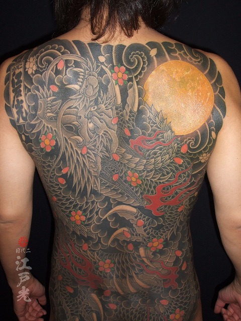 満月龍の刺青、背中、桜、炎、和彫り、甲羅彫り、タトゥー：東京刺青師二代目江戸光
