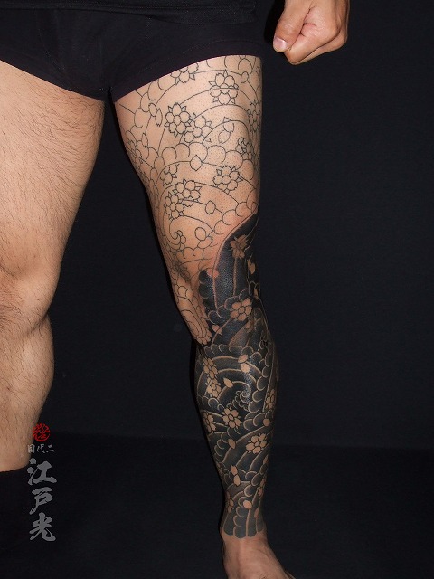 桜吹雪の刺青、足、額彫り、タトゥー：東京刺青師二代目江戸光