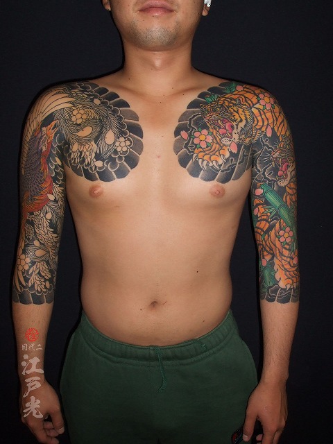 鳳凰と虎の刺青、腕、和彫り、額彫り、七分、タトゥー：東京刺青師二代目江戸光