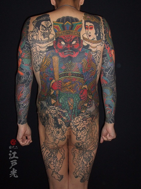 閻魔大王の刺青、背中、和彫り、地獄絵図、牛頭馬頭、タトゥー：東京刺青師二代目江戸光
