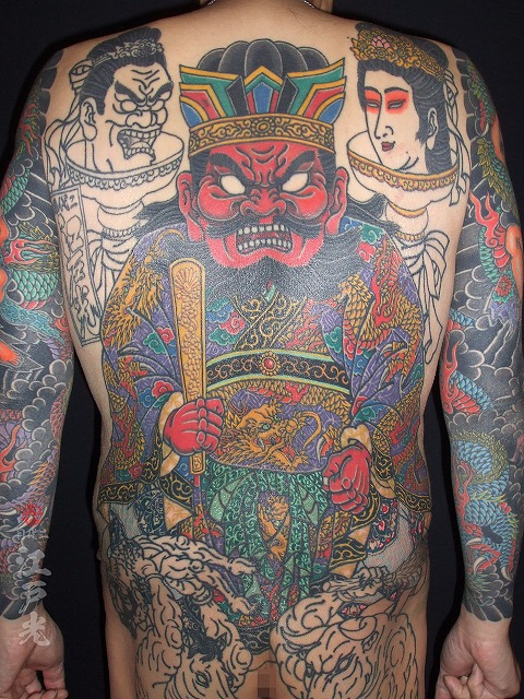 閻魔大王、人頭杖、刺青、背中、和彫り、地獄絵図、牛頭馬頭、タトゥー：東京刺青師二代目江戸光