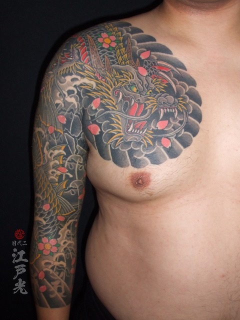 登竜門の刺青、黒龍、龍魚、鯉、桜、腕、額彫り、七分、タトゥー：東京刺青師二代目江戸光
