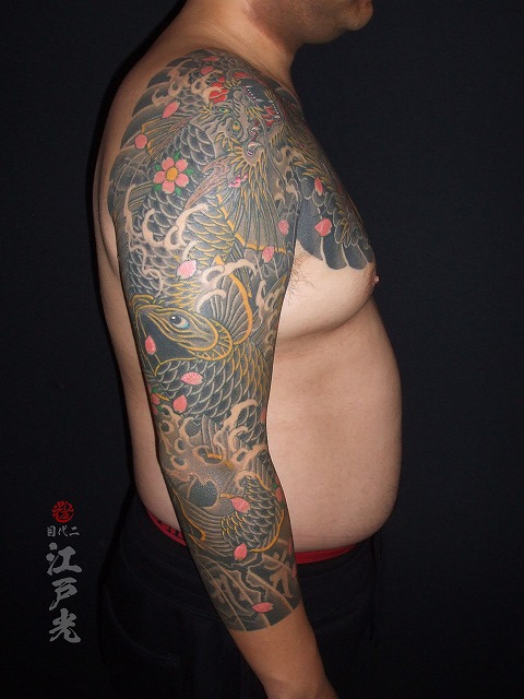 登竜門の刺青、黒龍、龍魚、鯉、桜、腕、額彫り、七分、タトゥー：東京刺青師二代目江戸光