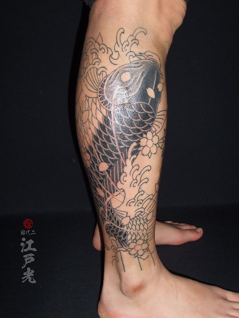 鯉の刺青、足、ふくらはぎ、タトゥー：東京刺青師二代目江戸光