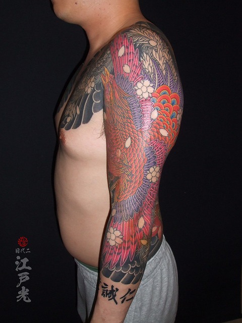 鳳凰の刺青、腕、和彫り、額彫り、七分、タトゥー：東京刺青師二代目江戸光