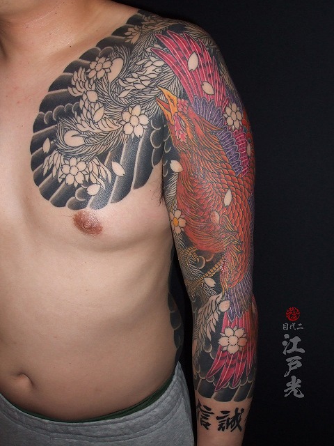 鳳凰の刺青、腕、和彫り、額彫り、七分、タトゥー：東京刺青師二代目江戸光