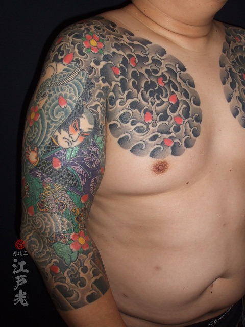 腕に腕に宮本武蔵の鯉退治、渦潮の刺青タトゥー：東京刺青師二代目江戸光