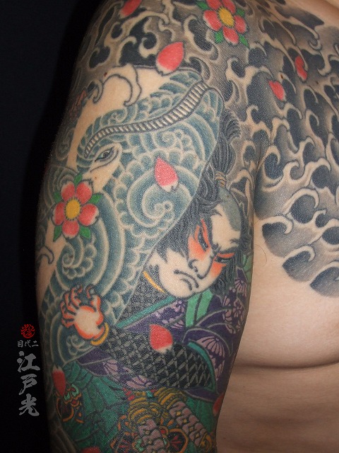 腕に宮本武蔵の鯉退治、渦潮の刺青タトゥー：東京刺青師二代目江戸光