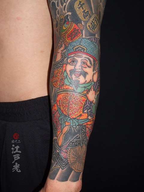 大黒天の刺青、腕、和彫り、額彫り、長袖、タトゥー：東京刺青師二代目江戸光