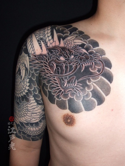 龍,刺青,額彫り,腕,和彫り