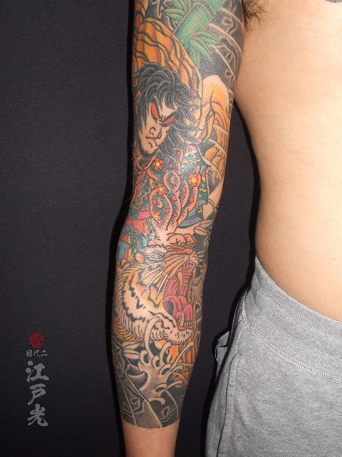 腕に行者武松（ぎょうしゃぶしょう）水滸伝の虎退治の刺青タトゥー