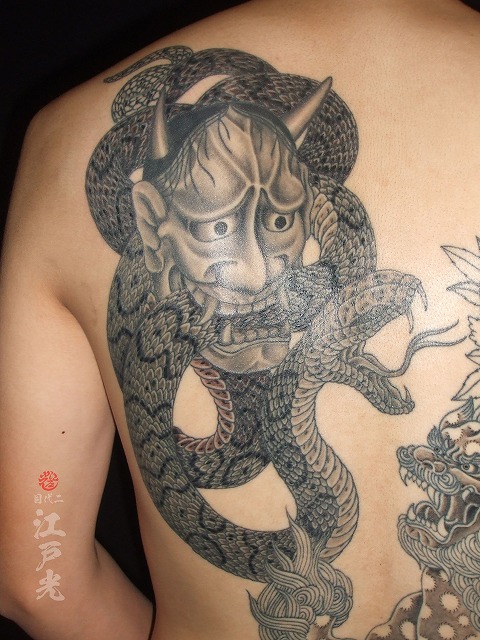 snake hannya tattoo,蛇と般若、唐獅子牡丹の刺青タトゥー