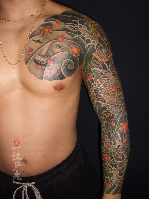 小面、能面、面散らし、額彫りひかえカイナ九分の刺青タトゥー