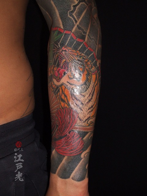 虎、扇子、ぼたんみきり、刺青タトゥー