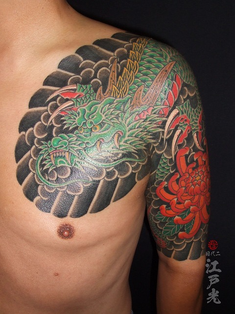 緑龍、青龍、赤菊、額彫り。ひかえ、カイナ、五分の刺青タトゥー