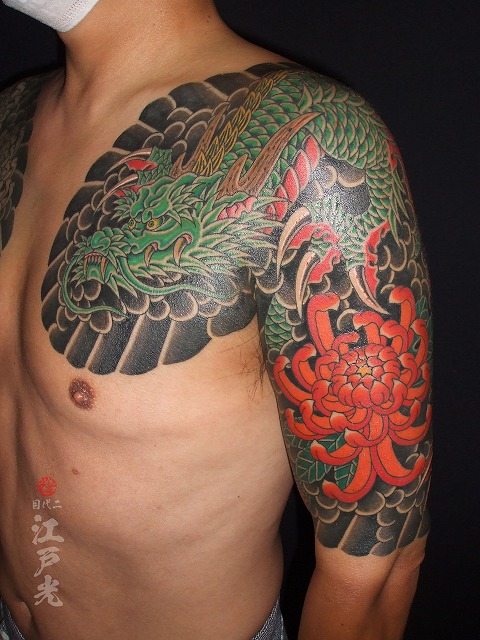 緑龍、青龍、赤菊、額彫り。ひかえ、カイナ、五分の刺青タトゥー