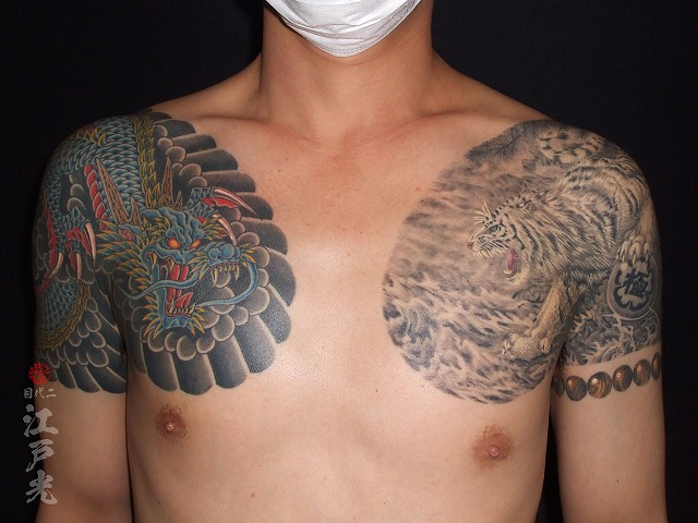龍虎、青龍、数珠、額彫り、ひかえ、カイナ三分の刺青タトゥー