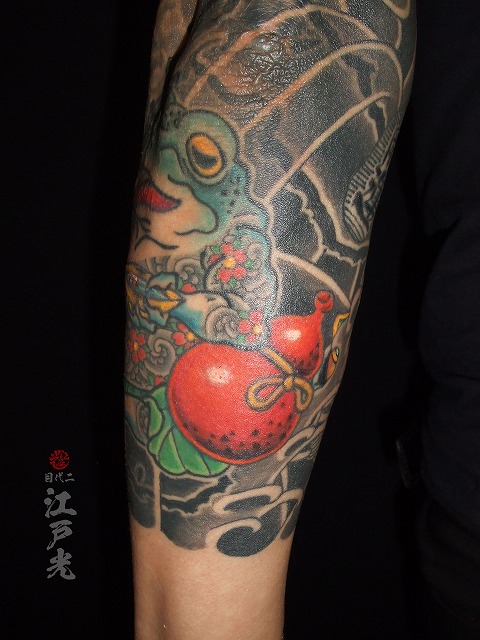 蛙、二重彫り、ひょうたん、の刺青タトゥー